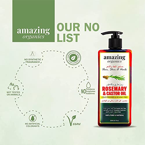 AmazingOrganics Rosemary And Castor Oil - 100% Pure Organic Non-Gmo Cold-Pressed Castor Oil For Healthy Hair, Skin, Nails, Eyebrows, And Eyelashes