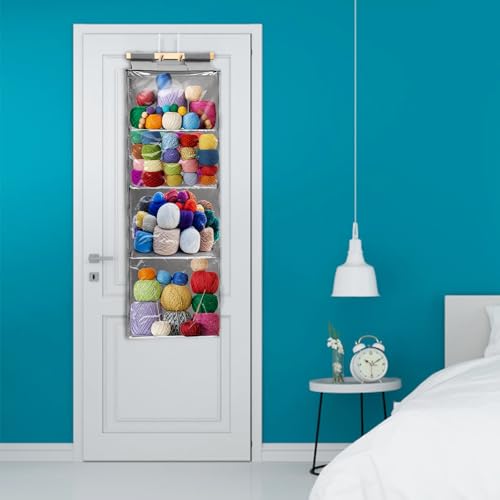 Image of Hanging Yarn Storage Organizer, Over the Door Hanging Yarn Holder with 4 Large Pockets, Clear Crochet Knitting Bag Organizer with Zippers and Hooks, for Knitting Needles Crochet Hooks, Gray