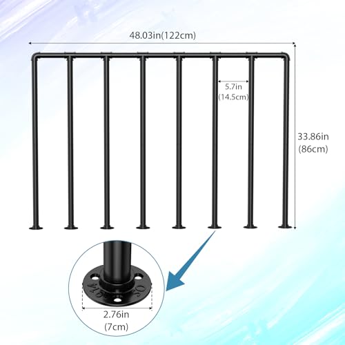 Porch Deck Railing Kit, Metal Deck Balusters, Black Horizontal Wrought Iron Guard Fence Handrail, Flat Hand Rails System for Outdoor/Indoor Porch, Balcony, Patio, 1 Pack
