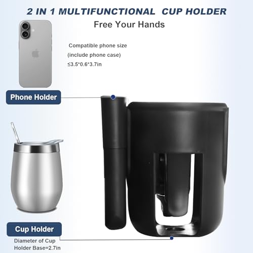 Image of WHLICKS 2-in-1 Walker Cup Holder with Detachable Phone Holder，Fit for Wheelchair, Rollator, Scooter, Bike, Mobility, Camper, Stroller with Sturdy,Rotatable,Adjustable and Anti - Slip Clip