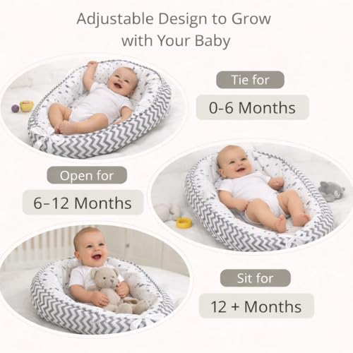 Image of Aila+Aiden Baby Lounger | Organic Cotton Infant Lounger | Reversible, Adjustable & Portable Floor Lounger |Supervised Use | Soft, Breathable, Washable Cover - Star Collection (Gray)