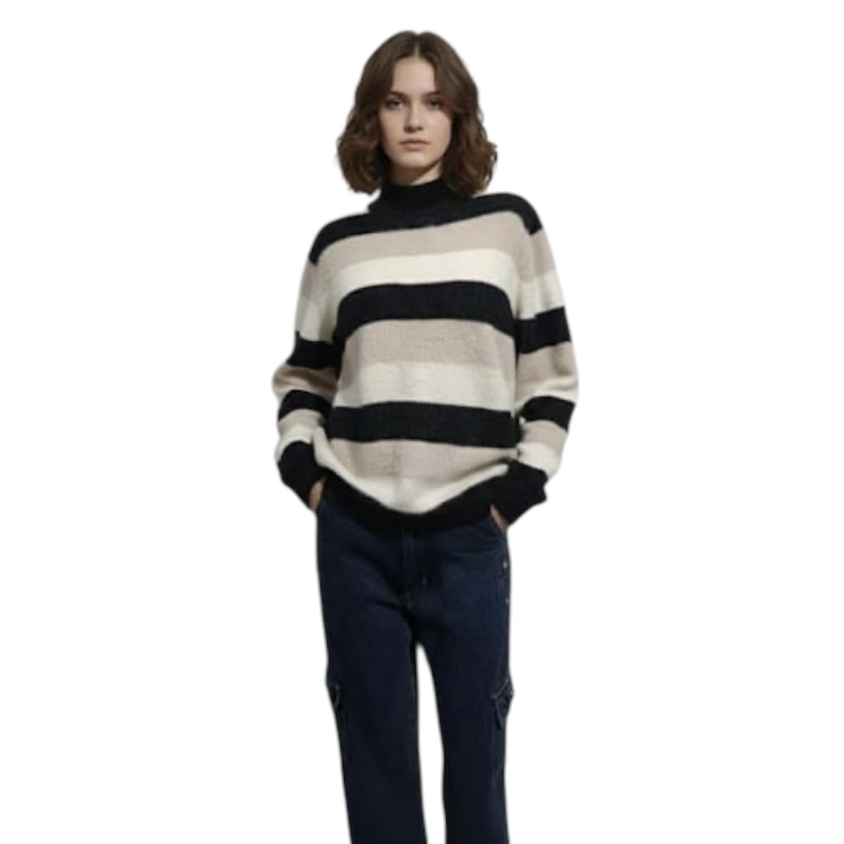 Women's Black Grey Striped Fuzzy Turtleneck Long Sleeve Sweater Winter M-image-49