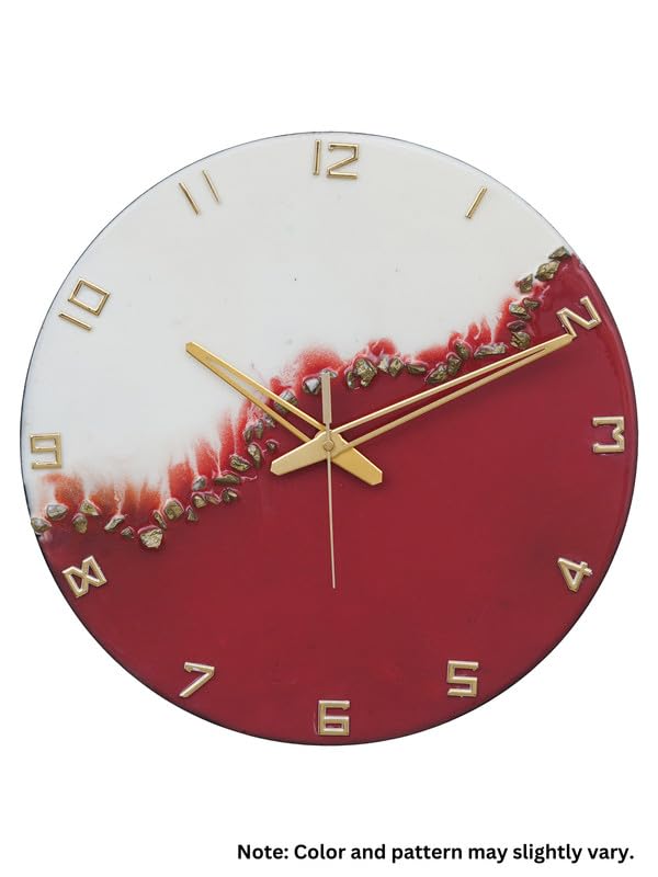 Image of CHRONIKLE Elegant Epoxy Resin Round Handcraft Red and White Stone Art Analog English Numbers Wall Clock for Living Area Room Home Office Decoration Gifts (Size: 30x6x30 CM | Weight: 765 Gram)