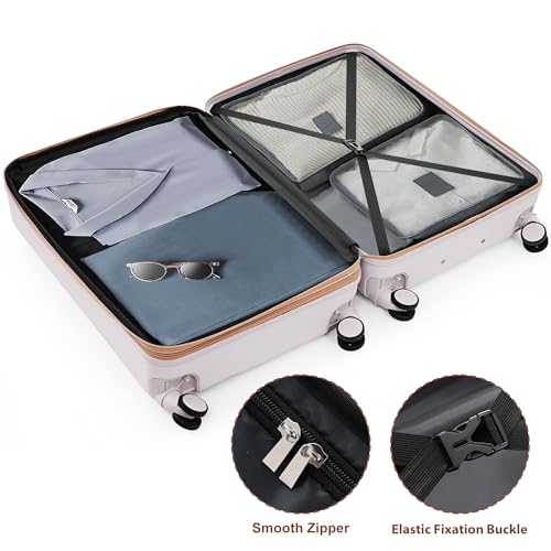 3-Piece Luggage Set with Cup Holder - Airline Approved ABS Hard Shell Suitcase, 360° Spinner Wheels & Side Hooks, Carry-On Compatible Lightweight Travel Luggage (Light Grey)4