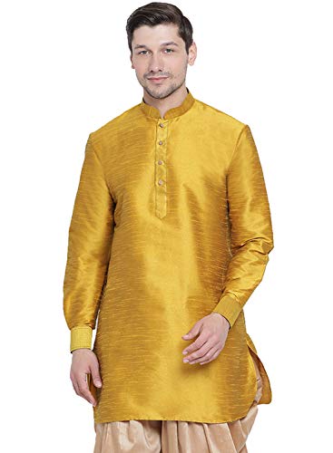 Image of VASTRAMAY VM Mens Silk Blend Mustard Kurta - Elegance for Festivals & Events | Curved Shape Pathani Style Men Silk with slight Cotton mix, Mid Length Kurta | Classic Design, Premium Comfort