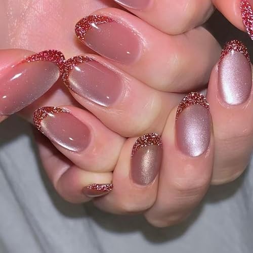 Image of Glitter Press on Nails Pink French Tip With Shiny Design Nude Pink Glue on Glossy Artificial Acrylic Full Cover Short Almond False Nails for Women Manicure 24Pcs