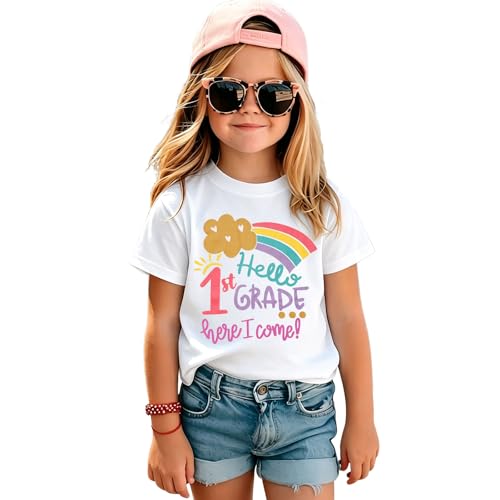 GLIGLITTR Girls First Day of School Shirt Hello 1st 2nd 3rd Grade Here I Come Rainbow Outfit Kids Back to School Tee Top 6-9Y(White 1st Grade 7X)