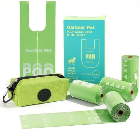 Dog Poop Bags with Handles 4 Rolls, 48 Counts Pine Scented Dog Waste Bags with Dispenser, Leak Proof and Extra Thick, Easy-Tie Pet Poop Bags with Holder for Dogs, Puppies, Cats, Kitten