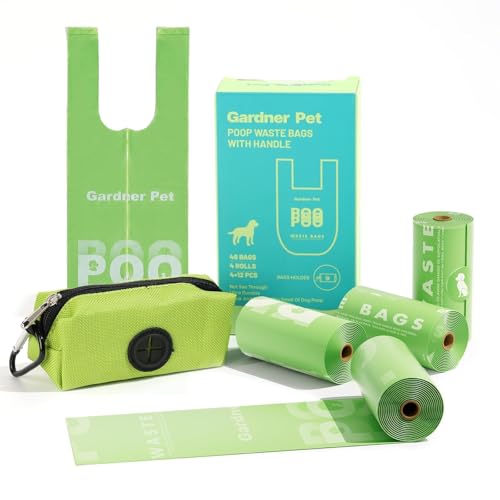 Dog Poop Bags with Handles 4 Rolls, 48 Counts Pine Scented Dog Waste Bags with Dispenser, Leak Proof and Extra Thick, Easy-Tie Pet Poop Bags with Holder for Dogs, Puppies, Cats, Kitten
