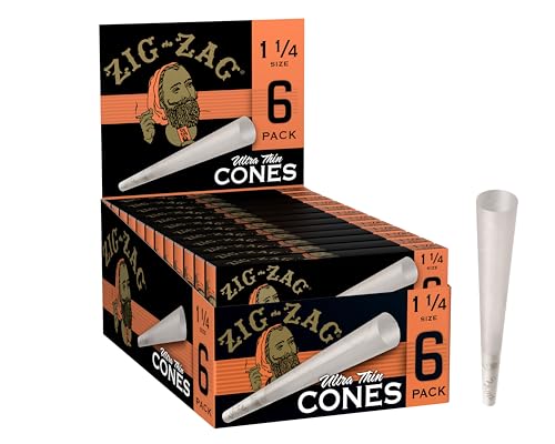 ZIG-ZAG Pre Rolled Cones 1 1/4 Size Ultra Thin (24-6 Packs) - Slow Burning Pre Rolled Cones with Tips & Packing Tubes Included - Natural Fibers Rolling Paper (144 Cones)
