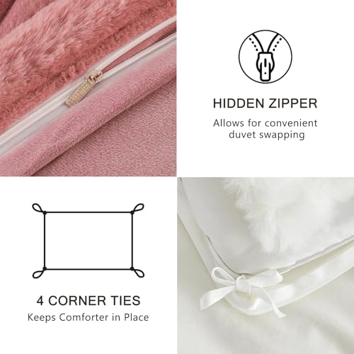 Image of EMME Faux Fur Duvet Cover King Size, 3 Pieces Ultra Soft Fluffy Comforter Cover, Cozy Warm for Winter, Luxury Elegant Shaggy Striped Design Bedding, 1 Duvet Cover & 2 Pillow Shams (King, Old Pink)