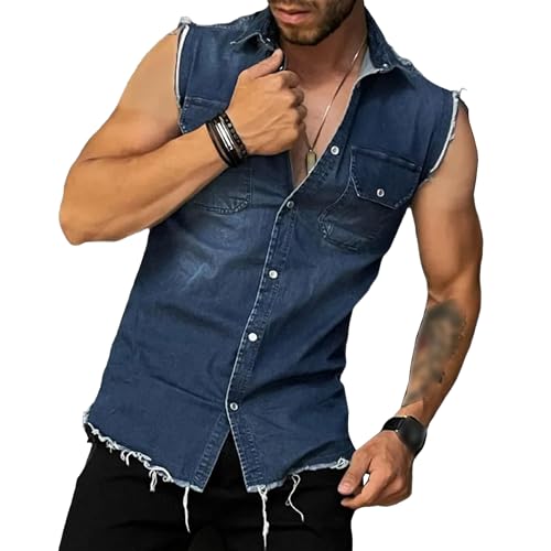Mens Sleeveless Denim Shirt Slim Fit Casual Retro Button Vest Cowboy Front Pocket Shirts Vests