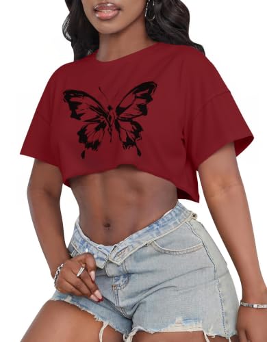 Image of Crop Tops for Women Oversized Short Sleeve T Shirts Crew Neck Cropped Tees