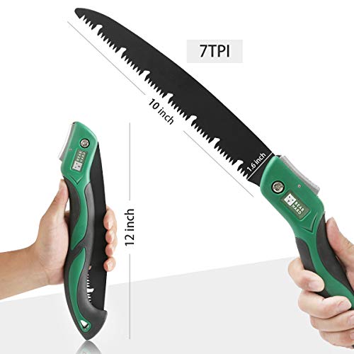 Bearhard Folding Saw, Pruning Wood Hand Saw, 10 Inch SK-5 Carbon Steel Blade with Triple Cut Teeth & Teflon Coating, w/Secure Lock Comfort Non-slip Grip for Camping, Pruning, Wood Working