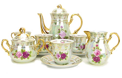 Euro Porcelain 17-pc Vintage Pink & Red Roses Tea Cup Coffee Set, White Pearlescent Floral Pattern 24K Gold Plated, Complete Service for 6 - Original Czech Tableware