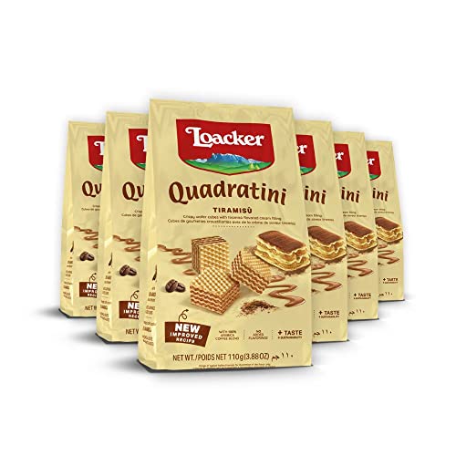 Image of Loacker Quadratini Tiramisu bite-size Wafer Cookies| SMALL Pack of 6 | Crispy Wafers with 4 creamy layers of finest Tiramisu cream filling | great for snacks & desserts | No artificial flavorings, added colors or preservatives | 3.88 oz per bag