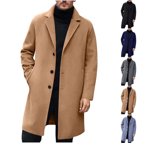 ABABC Trench Coat for Men Fleece Slim Fit Notched Collar Long Jacket Overcoat Single Button Winter Coat wih Pockets