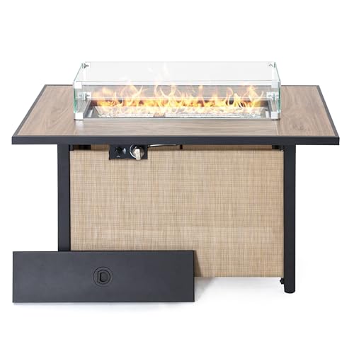 Image of Nuu Garden 43 Inch Propane Fire Pit Table CSA Listed 50000 BTU Gas Fire Pit with Lid Glass Wind Guard and Fire Glass Beads 2 in 1 Rectangular Outdoor Fire Table for Patio Backyard Light Brown