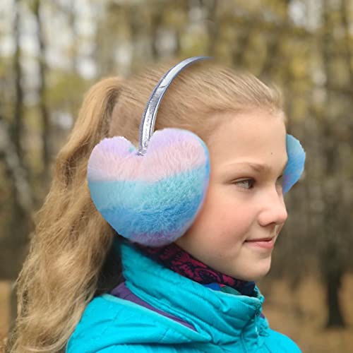 Actlati Womens Girls Fluffy Earmuffs Rainbow Heart Adjustable Winter Outdoor Ear Warmers Cute Faux Fur Earmuff For Kids Adult #TOP3