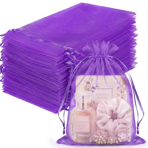 Image of FUNFERY 100PCS Purple Organza Gift Bags 5x7in,Drawstring Pouch for Jewelry