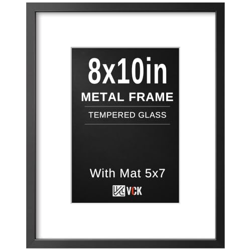 Image of VCK 8x10 Picture Frame Black Metal, Real Glass, 5x7 Mat, for Artwork