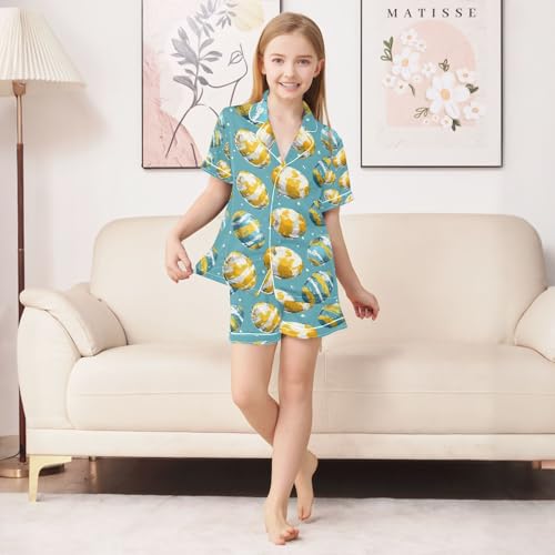 senya Watercolor Yellow Egg Painting Satin Summer Pajama Sets Silk Short Sleeve Button Down Sleepwear4
