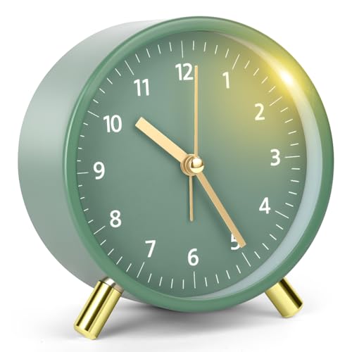 HOTUT Reloj Despertador de Metal Redondo de Moda, Reloj Despertador Redondo Minimalista de Metal, Analógico Silencios, Moderno de mesita de Noche, sin Tictac