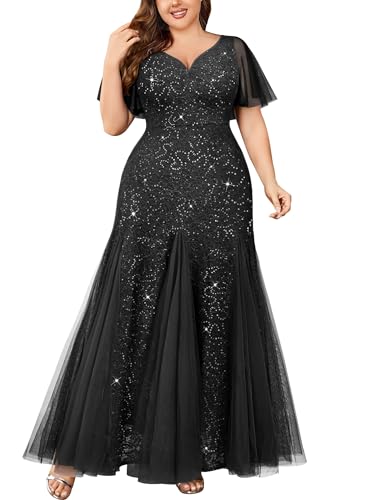 Miusol Women's Plus Size Sequins Lace Tulle Mermaid Hemline Sweetheart V Neck Formal Evening Party Maxi Dress