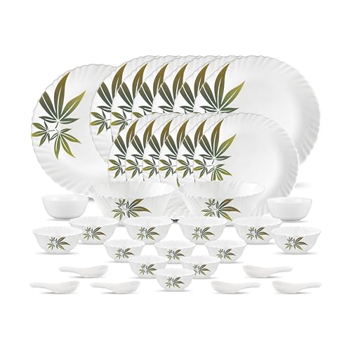 Image of La Opala Novo Collection Opal Glass Crockery | for Family of 6 | Dinner Set 35 pcs Trinty Green | Plates & Bowls for Dining | Microwave Safe | 100% Vegetarian | Extra Strong | Light & White