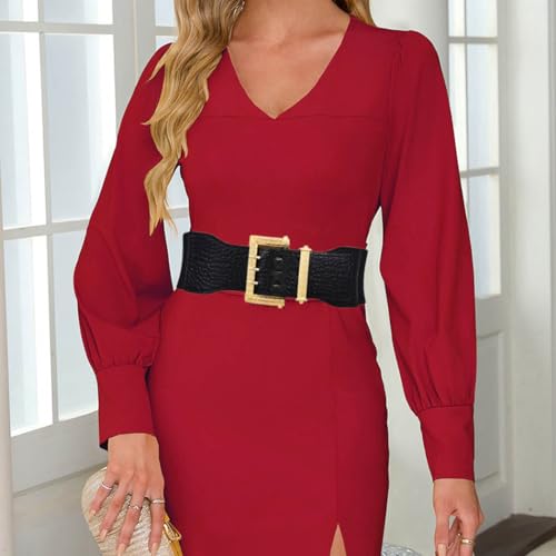 Women Elastic Wide Belt Square Gold Buckle Belts for Dresses Stretchy Ladies Waist Belt4