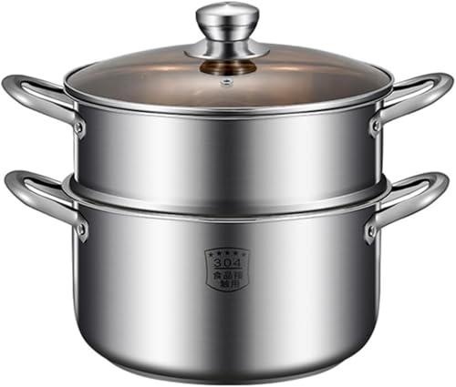 ストックポット 蒸し鍋 両手鍋 鍋深型 煮込み料理 カレー・シチューポット厚い鍋 ステンレス製 3層底 IH対応 ガラス鍋蓋付 多機能 調理器具 キッチン用品 (20cm,蒸し器あり)