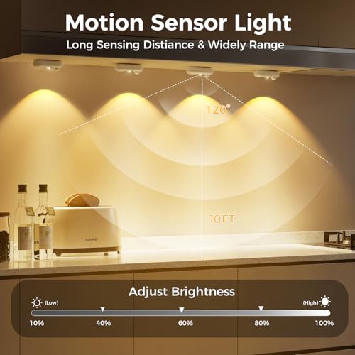 Image of LED Motion Sensor Puck Lights, Small Rechargeable Under Cabinet Light, Dimmable Warm White Closet Lights, Lithium-ion Battery Wireless Under Cabinet Lighting for Drawer, Kitchen (6 Pack)