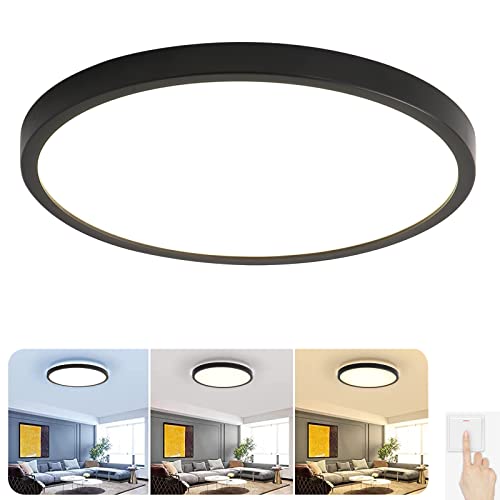 Ceiling Light Flush Mount LED Ceiling Lights, 9 inch 24W Round Thin Ceiling Lamp Surface Mount for Living Room Bedroom Kitchen Lighting Fixture, 3000K/4500K/6500K 3 CCT Adjustable, Black…