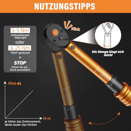 Drehmomentschlüssel Fahrrad 1/4 Zoll, 3-25 Nm, ±3% Fehlergenauigkeit, 72 Zähne Ratsche, 33TLG...