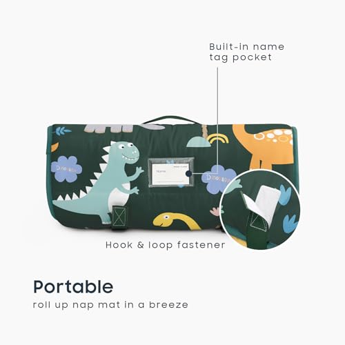 Image of Wake In Cloud - Toddler Nap Mat with Pillow and Blanket, 100% Cotton Fabric, for Kids Boys Ages 3 Plus in Daycare Kindergarten Preschool, Roll Up Sleeping Bag, Cute Dinosaurs