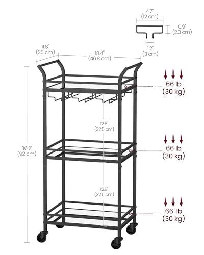 Image of VASAGLE Bar Cart, 3-Tier Shelf, Wine Holders, Glass Holders | Home Bar Serving Cart, 18.4 x 11.8 x 36.2 Inches, Small Spaces, Kitchen, Living Room, Black, BARIS Collection ULRC091B62