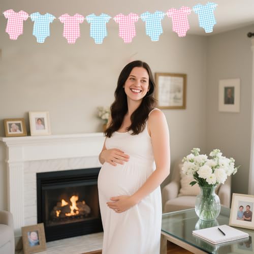 Image of Pre-Strung Blue & Pink Gingham Bodysuit Baby Shower Banner - 8 Double-Sided Onesie Cards- Cute Baby Onesie Decorations for Gender Reveal Party, Baby Shower Decor, Baby Reveal Banner - Gender Reveal Ideas & Decor