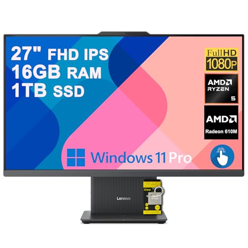 Image of Lenovo IdeaCentre AIO Desktop 27 inch FHD Touchscreen (99% sRGB) AMD 6-core AMD Ryzen 5 7535HS 16GB RAM 1TB SSD Type-C Harman Speaker Wi-Fi6 5MP Camera Win11Pro ICP Hub