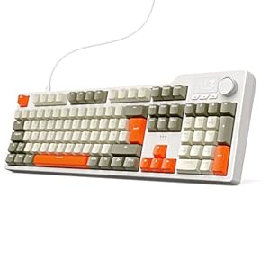 nacodex AJAZZ AK35I V3 Kabelgebundene Mechanische Tastatur, 104 Tasten Gaming Tastatur, Ausgestattet Mit Multimedia-Tasten Und Drehknopf, Mit Deutschem QWERTZ-Tastaturlayout, Grau Beige Orange