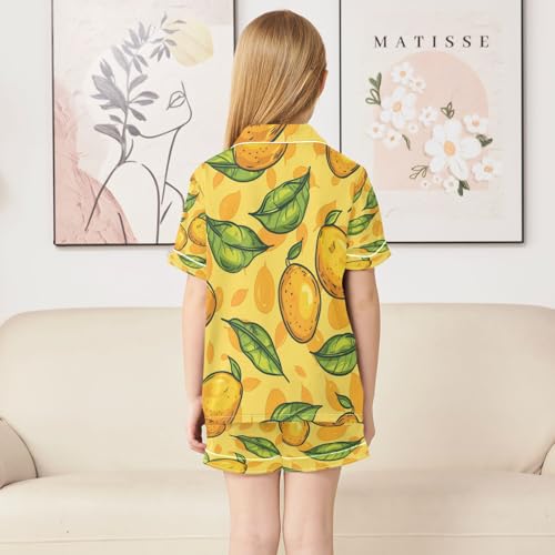 Satin Pajama Sets Short Sleeve Lemon Leaf Pattern Button Down Silky Nightwear 2 Piece PJS 5-14Y4