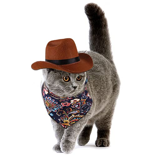 WideSmart Cowboyhut für Hunde und Katzen,Hut für Hund Cat, mit Bandana-Schal, Mini-Haustierkostüm für Halloween,Geeignet für Welpen und Kätzchen, Haustierparty-Urlaub und Tägliche Dekoration