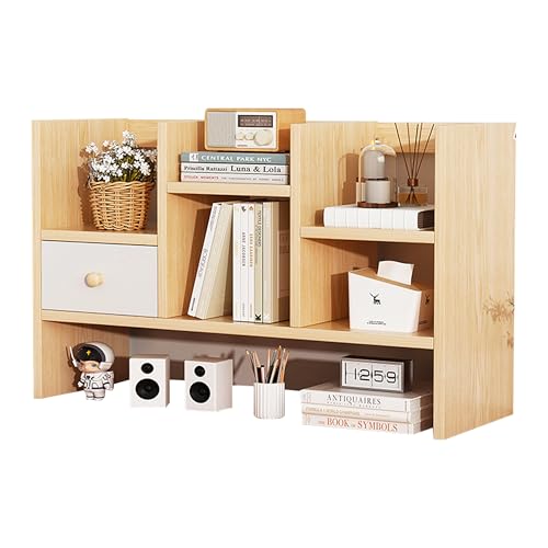 Image of Yindella Multi-Functional Desktop Bookshelf Organizer, Wooden Storage Shelf, Adjustable Office Desk Organizer for Books, Stationery, Space-Saving Home & Office (Desk Bookshelf-05)