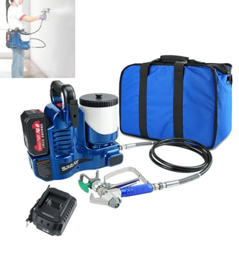 Nihigエアレス塗装機、 高圧エアレススプレー 電動ペイント リチウム電池充電式 小型バックパックペイントスプレー 充電式 ガン工事向けの高圧コードレスウォールペイント家庭用/工事用 ベルトと収納生地ケースつき (電池1個,ブルー)