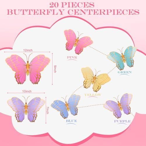 20 Pieces Butterfly Centerpieces for Tables Butterfly Party Decorations 3D Golden Butterfly Table Toppers Centerpiece for Girl Party Table Decors Birthday Baby Shower (12 x 9 in,10 x 7 in, Mix Color) 3 41