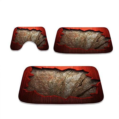 Western America Bathroom Rugs and Country Red Wood with Stones Wall Mats Sets 3 Piece, Velvet Memory Foam Fashion Rustic Bath Mat, Large Small and U-Shaped Contour Shower Mat Non-Slip Washable Western America Bathroom Rugs and Country Red Wood with Stones Wall Mats Sets 3 Piece, Velvet Memory Foam Fashion Rustic Bath Mat, Large Small and U-Shaped Contour Shower Mat Non-Slip Washable