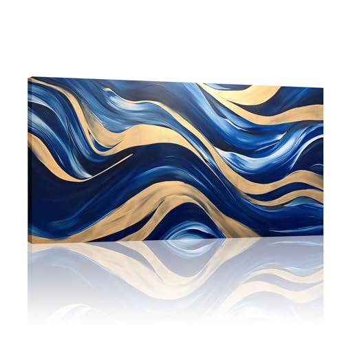 Grande toile abstraite bleu marine et doré pour habiller un grand mur blanc vide