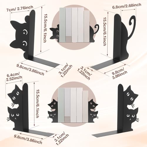 4 Stück Buchstütze Metall,2 Paare Kreativität Buchstützen Katzen,Robust Multifunktional Metall Katze Bücherstütze,Bücherregal Deko für Schule,Büro und Zuhause,Geschenk für Familie