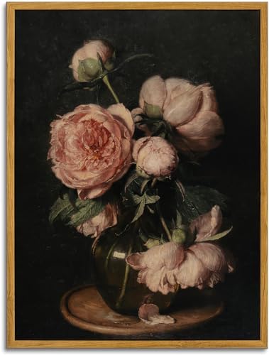 KBKBART Framed Vintage Wall Art, Dark Moody Floral Canvas Prints 12x16in