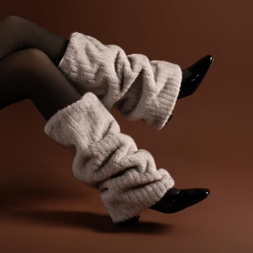 Image of Theater Women Ribbed Fur Leg Warmer - Cream | Soft Faux Fur with Ribbed Knit Base | Cozy Winter Layering Accessory | Stretchable & Free Size
