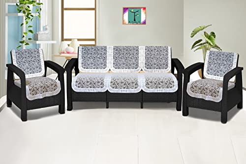 Image of The Furnishing Tree Cotton Floral Knitted Pattern 10 Pieces 5 Seater Sofa Cover Set White